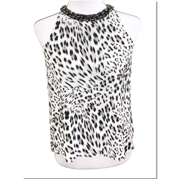 Jennifer Lopez Leopard Print Beaded Choker Neckline Sleeveless Top Size XS EUC - Picture 4 of 7